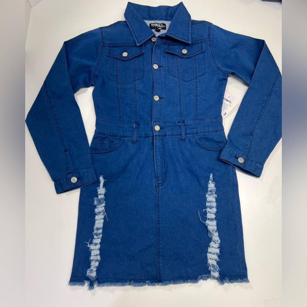 Thrill Jeans Denim Dress Long Sleeve New With Tags Blue Distressed